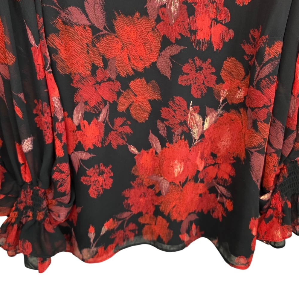 Vince Camuto Top Womens Medium Red Black Floral Print V Neck Blouse Lined Casual - Picture 5 of 7